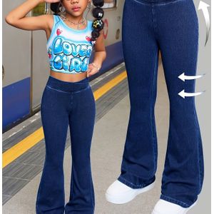 Meisjes Denim Jeans – Stijlvolle Hoge Taille Wijd Uitlopende Broek, Lichtbeige Ademend Materiaal, Europese Pasvorm, Geschikt voor Kinderen vanaf 3 Jaar