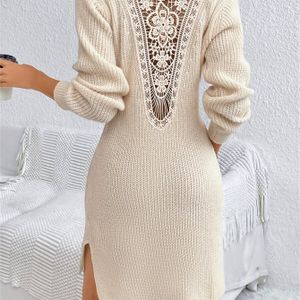 Kant Splicing Split Trui Jurk, Elegante Ronde Hals Lange Mouw Gebreide Jurk Voor Herfst & Winter, Dameskleding