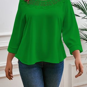 Lace Trim Crew Neck Blouse, Elegant Long Sleeve Blouse For Spring & Fall, Women's Clothing