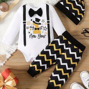 Baby Jongen Casual Schattige Chic Stijl Kleurblok Print Lange Mouw Ronde Hals T-Shirt en Broek met Strikje en Hoed Nieuwjaar 3- Outfit Set, voor Buiten, Perfect voor Buiten