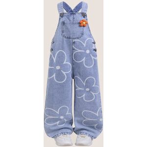 Meisjes Mode Casual Bloemenprint Losse Denim Broek met Bretels, Geschikt voor Kinderen vanaf Jaar en Alledaags of Feestelijke Gelegenheden zoals Kerstmis & Halloween, Schattige Broek