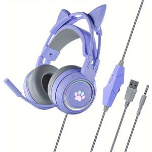 Schattige Gaming Headset met Kattenoren | Bedrade Over-ear Headset met Microfoon, Drukknopbediening, Knopenvrije Kabel, Gesloten Oorschelpen