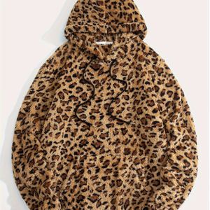 Heren Gezellige Luipaardprint Hoodie - Zachte Fleece Trui met Kangoeroezakje, Warm en Stijlvol voor Herfst en Winter, Machinewasbaar