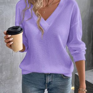 Plus Size, Elegante Oversized Lange Mouwen V-Hals T-Shirt voor Dames - Zachte Lavendel Waffle Top, Comfortabele Herfst-Winter Laagje, Casual tot Semi-Formele Kleding, Machinewasbaar