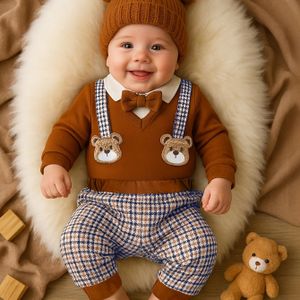Schattige Jongens Romper Set met Beerpatroon - Comfortabel Polyester, Kraag, Lange Mouwen Onesie met Broek & Vest, Perfect voor Herfst/Winter, Jongens Romper, Perfect voor Buiten