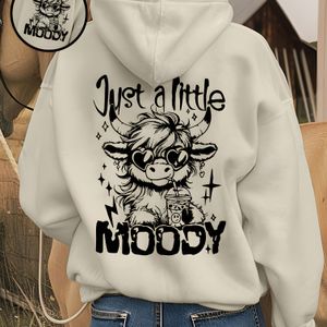 Casual Letter en Cartoon Western Cow Print Hoodie, Trekkoord Casual Capuchon Zakken Trui, Geschikt voor Winter en Herfst, Dagelijks Gebruik, Dameskleding,