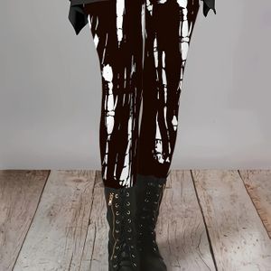 Plus Size - Elegant Zwart En Wit Abstract Print Leggings Voor Dames - Stretchy, Hoge Taille, Ritssluiting, Modieuze Leggings Voor Alle Seizoenen Met Zwarte Combatlaarzen, Hoge Taille Leggings