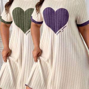 Plus Size Hartjes Geborduurde Korte Mouw Rok Tweedelige Set, Casual Zomerjurk voor Dames