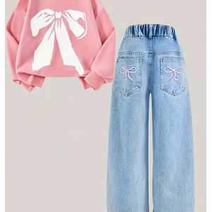 Meisjes Denim Tweedelige Set, Inclusief Schattig Mode Geprint Sneaker en Jeans met Strikborduursels op de Achterzak voor Streetwear & in Lente/Herfst Winter Seizoenen