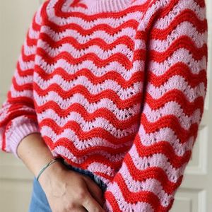 Vrouwen Elegante Kleurblok Gestreepte Trui - Lange Mouw, Ronde Hals, Hoge Rekbaarheid, Herfst/Winter Mode, Roze & Wit Ontwerp, Gezellige Gebreide Kleding | Stijlvolle Trui | Textuur