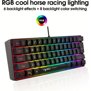HXSJ Ergonomische bedrade gamingtoetsenbord, 61-toets RGB achtergrondverlichting, USB-aangedreven, compact ontwerp voor PC/Mac, geen batterij, voor en zakelijke reizigers