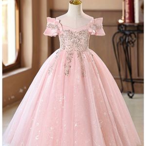 Meisjes Lente/Zomer Elegante Prinsessenjurk met Schoudervrije en Pailletten Details, Geschikt voor Bruiloften, Feesten, Verjaardagsuitvoeringen