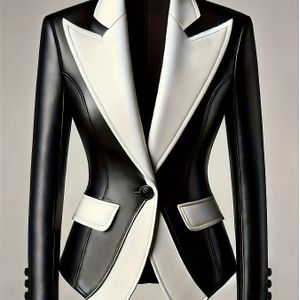 Dames Chic Zwart en Wit Lederen Pak met Zakken en Knopen, Slanke Staart, Geschikt voor Alle Seizoenen, Stijlvolle Dames Buitenkleding