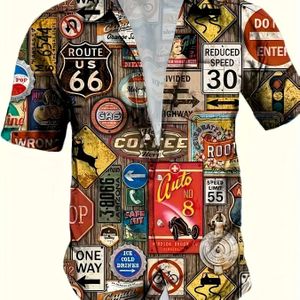 Herenshirt met Korte Mouwen in Vintage Retro Americana Stijl - Volledige Lichaamsprint, Casual Overhemd met Klassieke Kraag, Machinewasbaar Zomertop voor & Vrijetijdskleding, GROTE MATEN