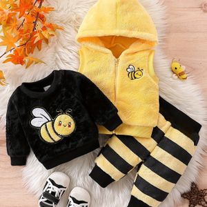 3-delige Cartoon Bee Borduurwerk Baby's Herfst/Winter Co-Ords, Warme Fuzzy Sweatshirt & Hooded Vest & Casual Gestreepte Broek, Peuter & Baby Jongens Kledingset Buiten
