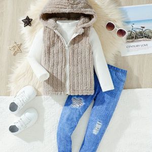 3- Set voor Meisjes met Kleur Lange Mouwen Top, Hooded Pluche Vest en Distressed Denim Jeans voor Herfst en Winter, voor Buiten