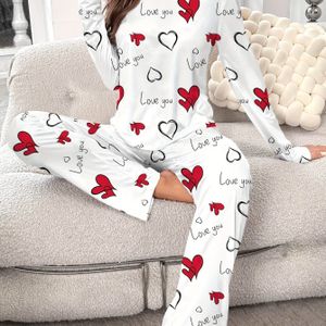 1 Set Dames Lange Mouw Pyjama Set met Hartjespatroon - Casual Ronde Hals Polyester Gebreide Stof Nachtkleding met "Love You" Print voor Lente/Herfst - Volwassen Pullover met Lange Broek