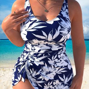 Plus-Size Wit En Blauw Bloemen Tankini Zwemkleding Jurk