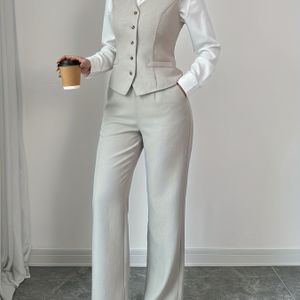 Een nieuwe zomercolllectie van vrouwen: casual, elegant en uniek -kleurig mouwloos single-breasted vest met getailleerde taille + hoge wijde broek tweedelige set