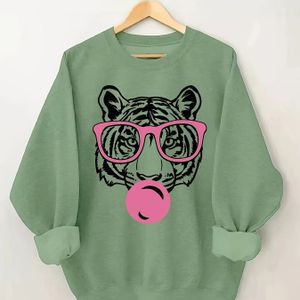 Zwarte Tijger Print Lange Mouwen Sweatshirt, Ronde Hals Casual Sweatshirt Voor Herfst & Winter, Dameskleding