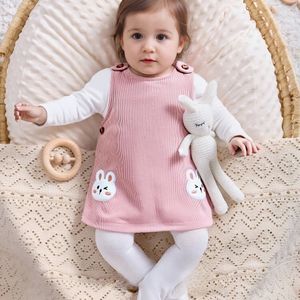 Meisjes Herfst Winter Schattige Konijn Geborduurde Fleece Gevoerde Rugjurk met Kleur Top Tweedelige Set, Perfect voor Buitensporten en Dagelijks Gebruik