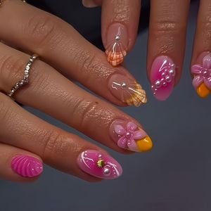 24 stuks Luxe Zoete High-End Design Bloemtextuur Traanvormige Accenten - Roze en Rode Kleurblok Ovale Korte Nageltips voor Mannen en Vrouwen, Inclusief Jelly Lijm en Nagelvijl