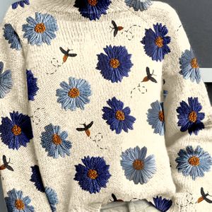 Dames Vintage Blauwe Bloemen- en Voogelprint Hoge Kraag Trui - Pullover met Relaxed Fit, Lange Mouwen & Elastische Medium Stretch voor Herfst Winter Warmte – Casual tot Semi-Formele Outifts