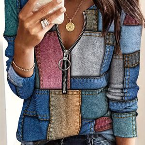 T-shirt Met Patchworkprint En Rits, Casual Top Met Lange Mouwen Voor Lente En Herfst, Dameskleding