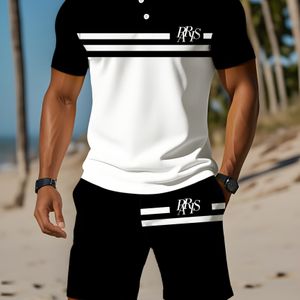 Herenset met Contrasterende en Letterprint voor Buitensporten, Casual POLO Shirt, Ademend Mesh Top, Korte Mouwen, Shorts, Vrijetijdsset