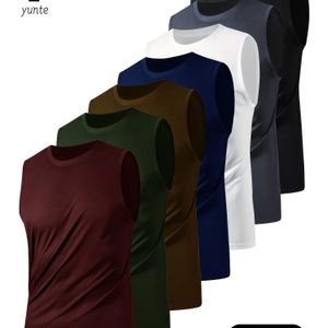 7-pack Men's Athletic Tank Tops, Breathable Lightweight Sleeveless Vests, Quick-dry Crew Neck, Solid Color Polyester Knit Fabric, Gym Workout Activewear, 100% Polyester, 130g/m² - Assorted Colors