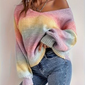 Regenboogkleurige V-hals trui, casual oversized trui met lange mouwen voor winter en herfst, dameskleding