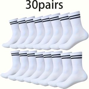 30st Heren Atletische Ronde Sokken - Ademend, Vochtregulerend, Comfortabele Witte Kniekousen met Zwarte Strepen voor Sport & Dagelijks Gebruik