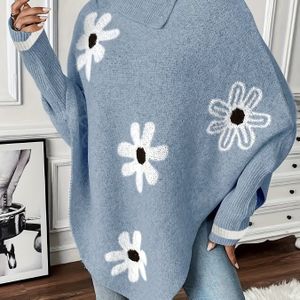 Elegante bloemenpatroon ronde hals trui voor vrouwen - Asymmetrische lange mouwen, medium stretch, ideaal voor herfst/winter mode, pullovers stijl met daisy ontwerp