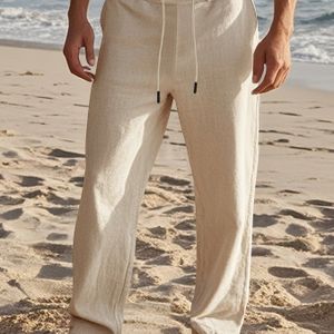 Casual Linen Broek Met Trekkoord Voor Heren - Losse Pasvorm, Ademende Rechte Broek Met Verstelbare Trekkoordtail, Kleur Voor Lente/herfst, Strandkleding, Streetwear En Casual Kleding, Strandbroek