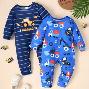 Jongens Herfst- en Winter Jumpsuit met Ronde Hals en Lange Mouwen met Cartoon Technische Voertuigen Print, Twee-Pack, Perfect voor Buiten