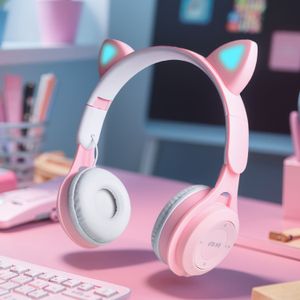 Draadloze Kattenoren Hoofdtelefoon met Draadloze, Anime/Kawaii Stijl Roze & Witte Headset, -C, HIFI Stereo Geluid & Bas, Compatibel met PC, Mobiel, Tablet & Gaming