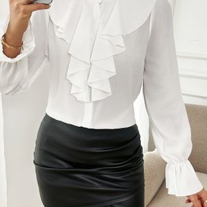 Vrouwen Elegante Getextureerde Stof Witte Kraag Kant Lange Mouw Overhemd