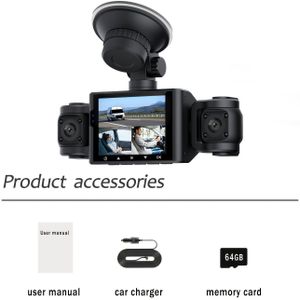 3-Kanaals Dashcam voor Auto's, 1080P Voor & 480P Links Rechts Autotoebehoren, met Nachtzicht, WDR, Optionele Geheugenkaart, 2.4" IPS Scherm, Loop Opname, , Optie 32GB of 64GB geheugenkaart