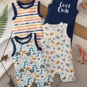 Vierdelige Zomer Mouwloze Letter Cartoon Print Baby Jongen Romper Set, Perfect voor Buiten