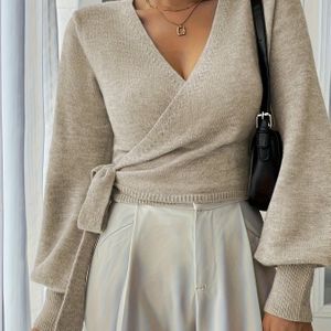 Elegante V-hals geknipte trui voor dames met kruisoversteek, lange mouw geribde top voor lente & herfst - Veelzijdige chic outfit, trui voor alle seizoenen | V-hals trui | Geribde textuur