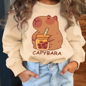 CHICFULL Kinder Capybara Melkthee Grafische Sweatshirt - Casual Crew Neck, Lange Mouw, Lichtrekbare, Lente/Voorjaarskleding, Schattige Capybara Print met Boba , Capybara Kleding