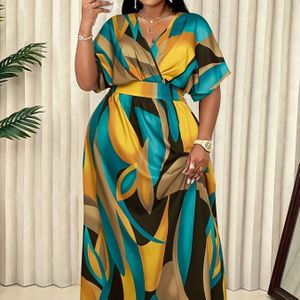 Vrouwen Elegante V-Hals Korte Mouw Jurk met Tropische Print & Ingrijpte Taille - Gerimpelde Details, Nagebootste Silhouet, Draagbaar, Stijlvol Dagkleding, Waaierstof Gewaad