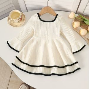 Meisjes' Schattige Vierkante Hals Jacquard Wijde Mouwen Taille-Gespannen Jurken voor Herfst/Winter Warmte Thuis