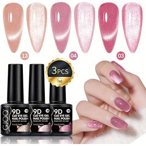 3 stuks 7ml Holografische 9D Kattenoog Glitter Gel Nagellak, Langdurig Soak Off Nagelsalon Manicure, Alcoholvrij, Geen Alcohol, Schoonheids- en Persoonlijke Verzorging, Nagelkunst Benodigdheden