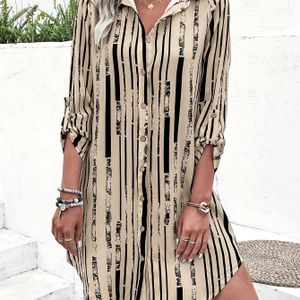 Striped Print Button Front Dress, /4 Sleeve Loose Shirt Dress For Spring & Fall, Women's Clothing