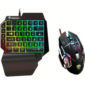 2- Set: Gaming Toetsenbord en Muis met Één Hand, Ergonomisch Ontworpen, Gecombineerd met Bedrade Optische Muis, RGB-Achtergrondverlichting, Plug and Play, Geschikt voor Esports-Liefhebbers