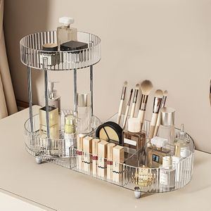 2-laags Transparante Acryl Make-up Opbergdoos met Gouden (Zilveren) Voetstuk, Make-up Rek voor Dressoir om Skincareproducten, Kwastjes en Parfum op te Berg