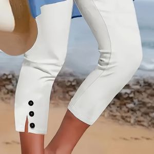 Elegante stretch capri broek voor dames - Mid-stretch stof, 3/4 lengte met knoopdetail, kleur universele broek voor casual en formeel , comfortabele mode, kwaliteitsstof broek