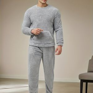 Mannen Winter Warmte Fleece Pyjama Set, Geometrisch-Gepatroneerde Ronde Hals Lange Mouw Top en Losse Pasvorm , 100% Polyester Breiselstof, Regular Fit Nachtkleding voor Herfst en Winter