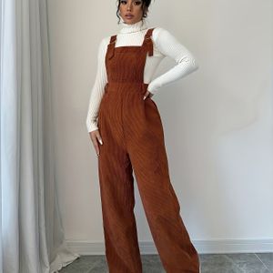 Casual Corduroy Jumpsuit voor Vrouwen met Brede Schouderbanden & Knoopdetails - Kleur, Niet-Rekbare Stof, Handwas Alleen, Ontspannen Pasvorm voor Herfst/Winter Casual Outfits